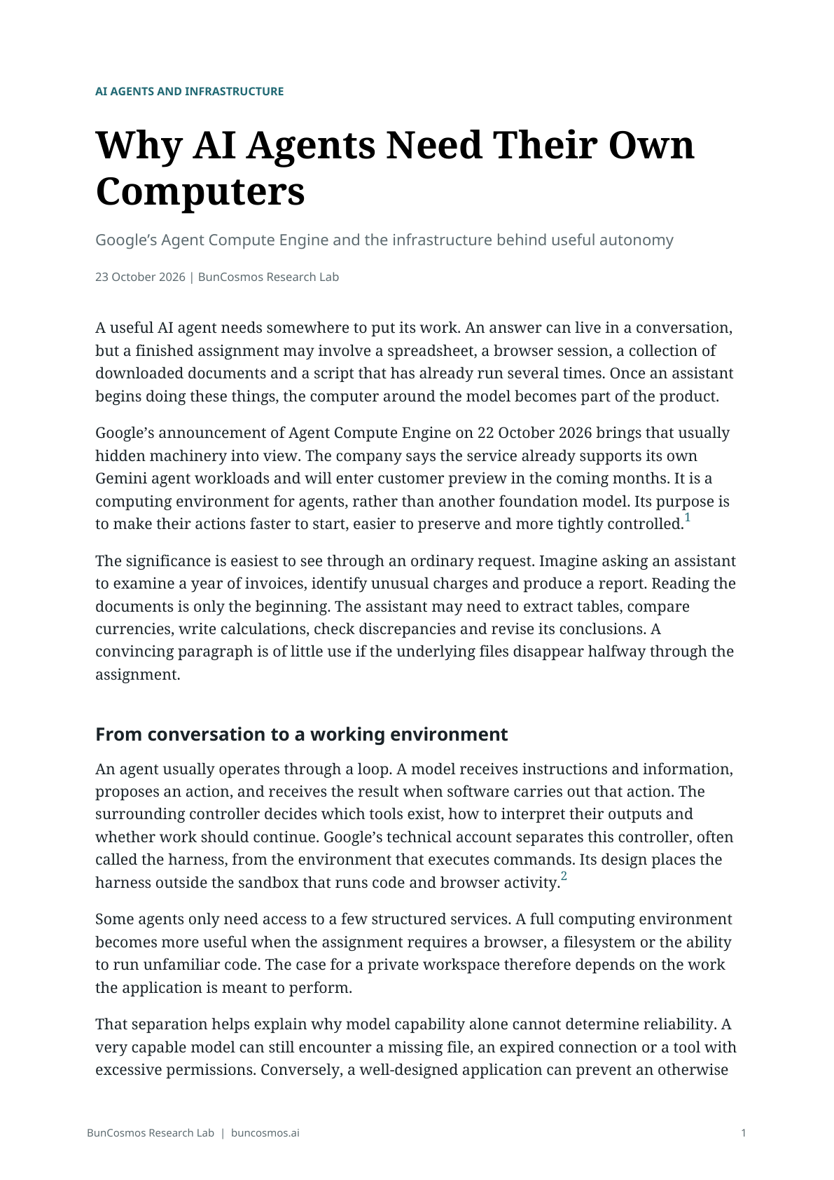 Page 1 of Why AI Agents Need Their Own Computers; full text follows.