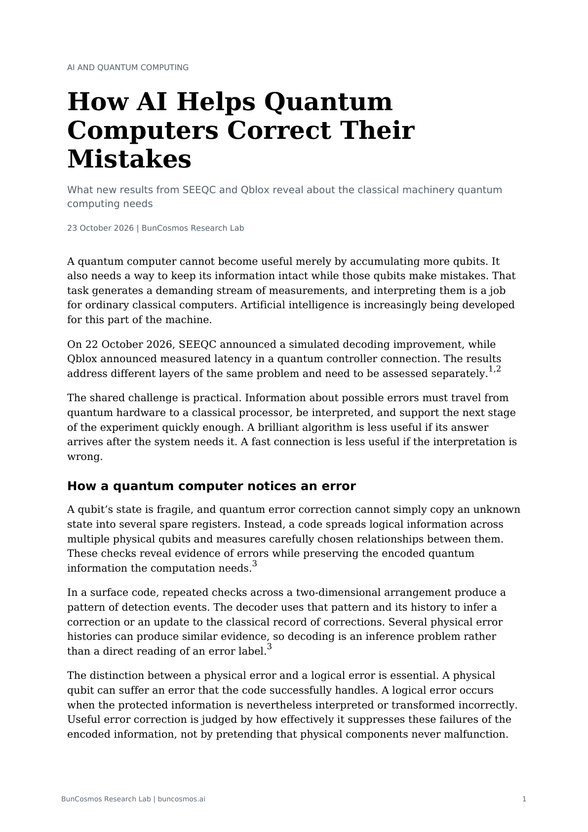 Page 1 of How AI Helps Quantum Computers Correct Their Mistakes; full text follows.