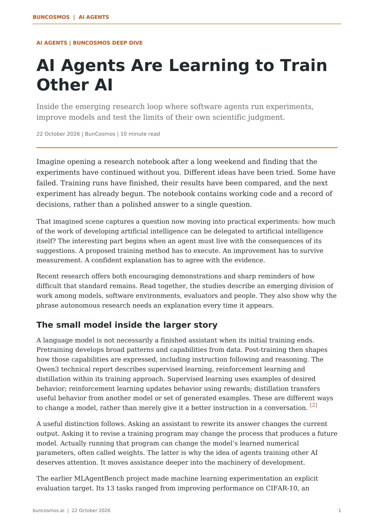 Page 1 of AI Agents Are Learning to Train Other AI; full text follows.
