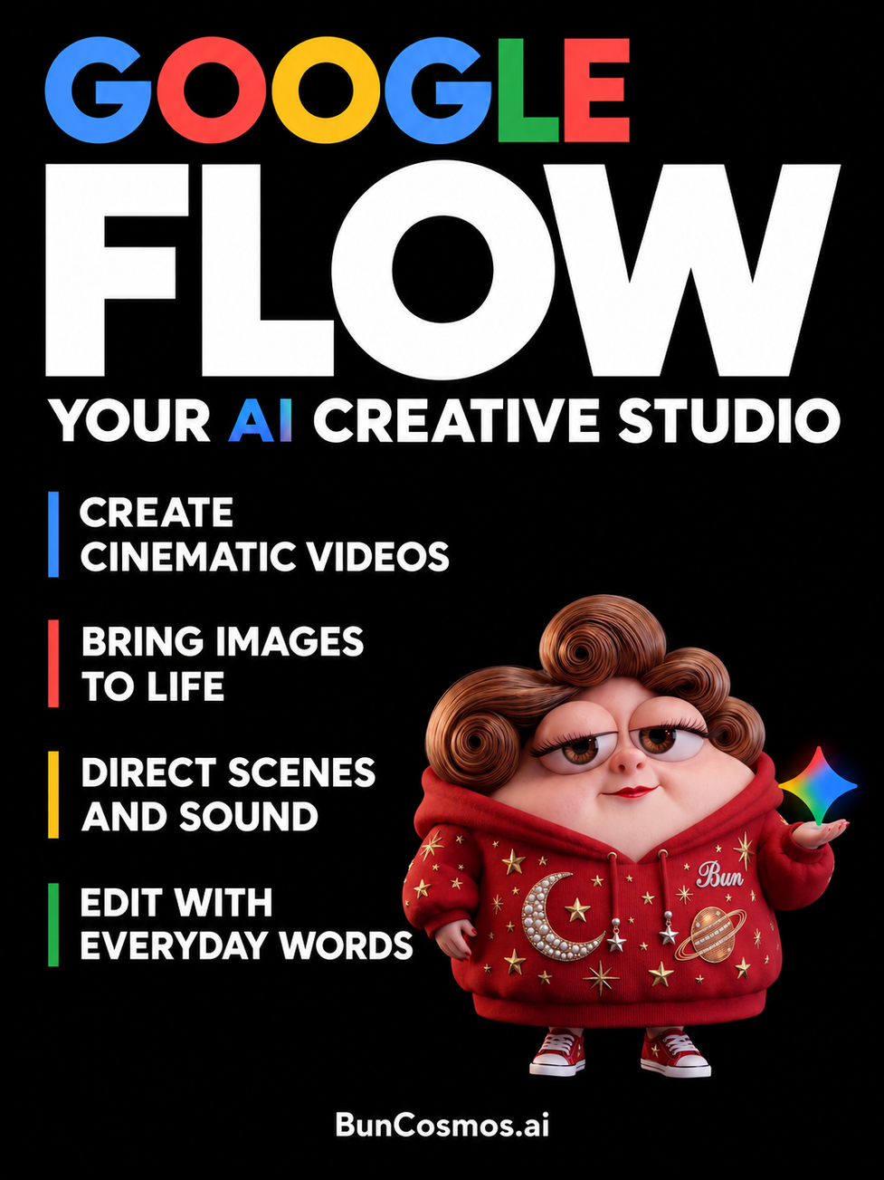 Google Flow: create cinematic videos, bring images to life, direct scenes and sound, and edit with everyday words. Bun stands beside the list.