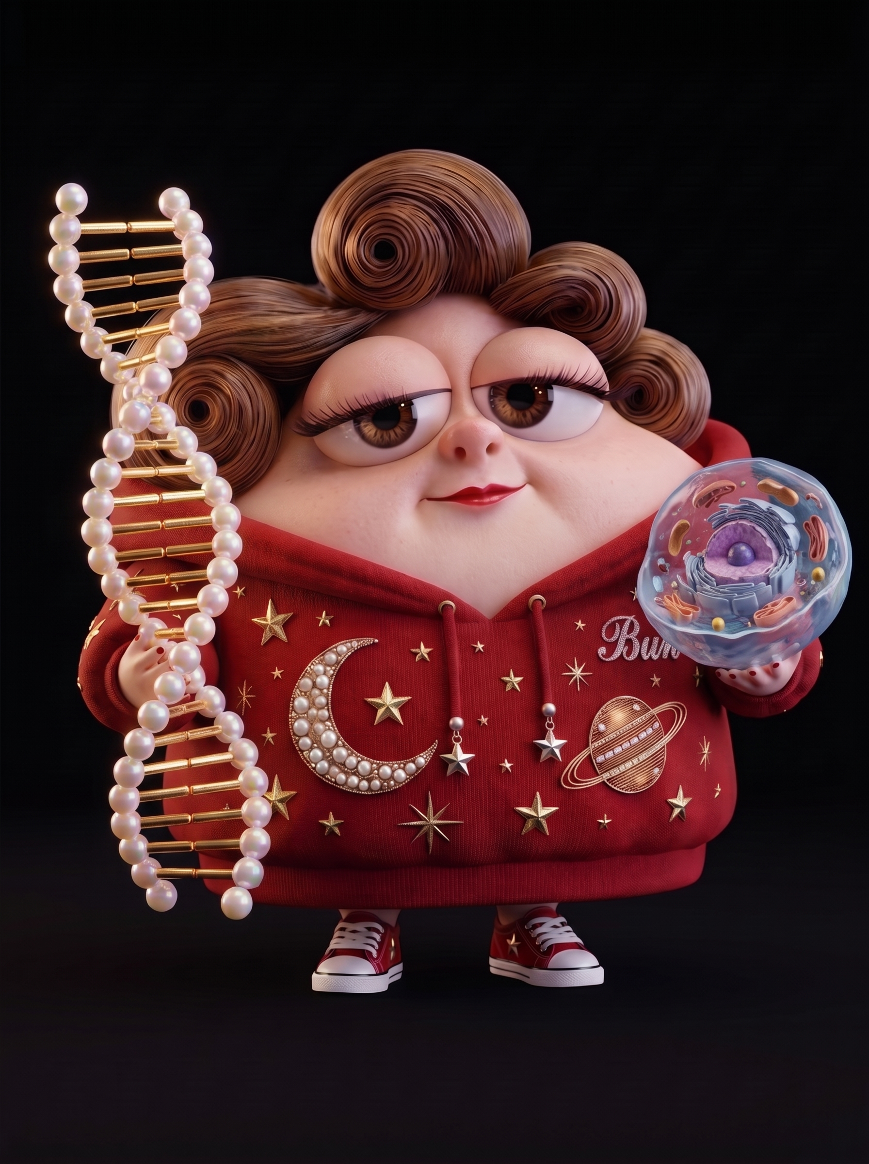 Bun holding a DNA helix and a cell model.