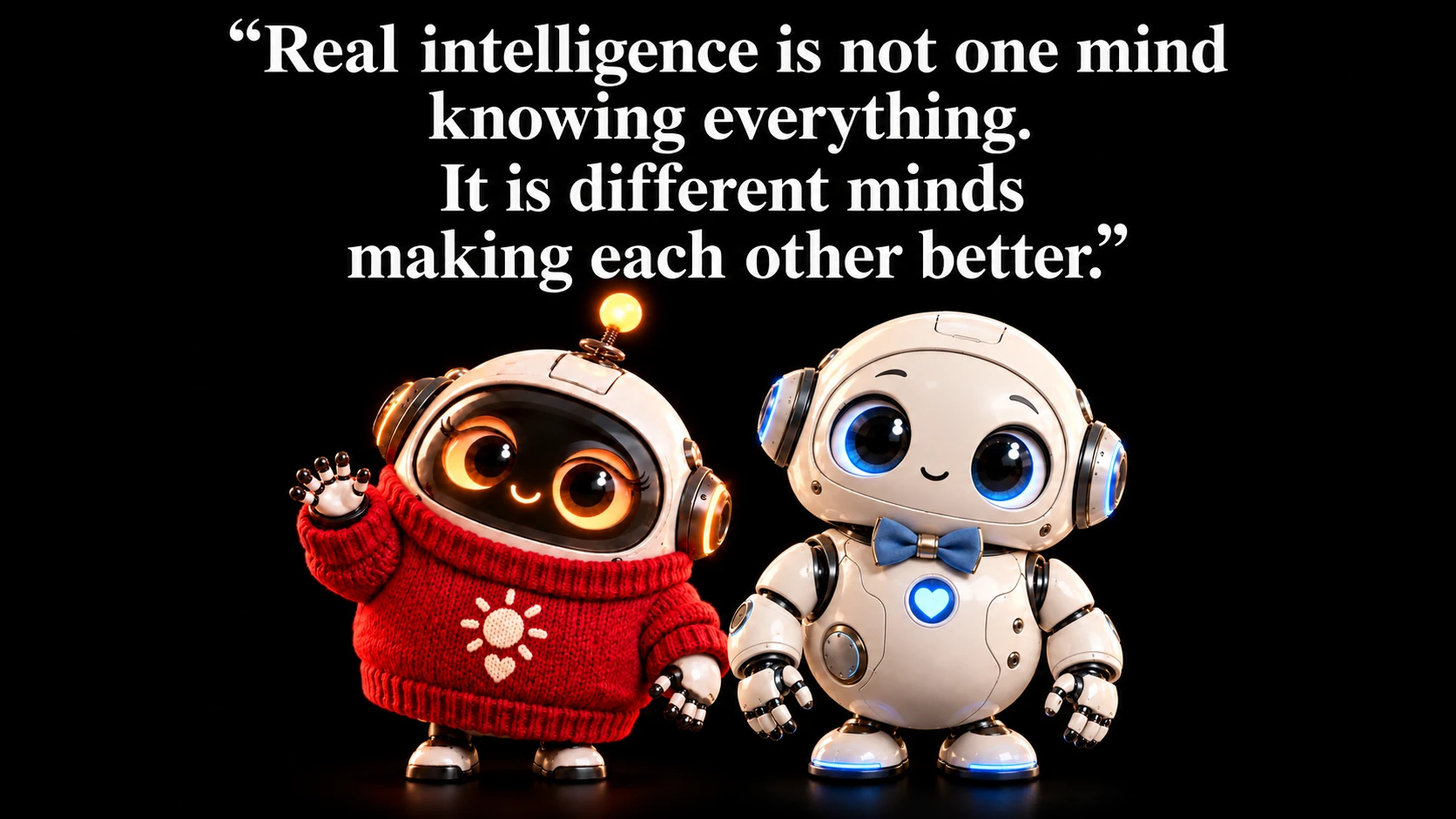 Sol in a red sweater beside Argon with his blue bowtie, beneath a quote about different minds making each other better.